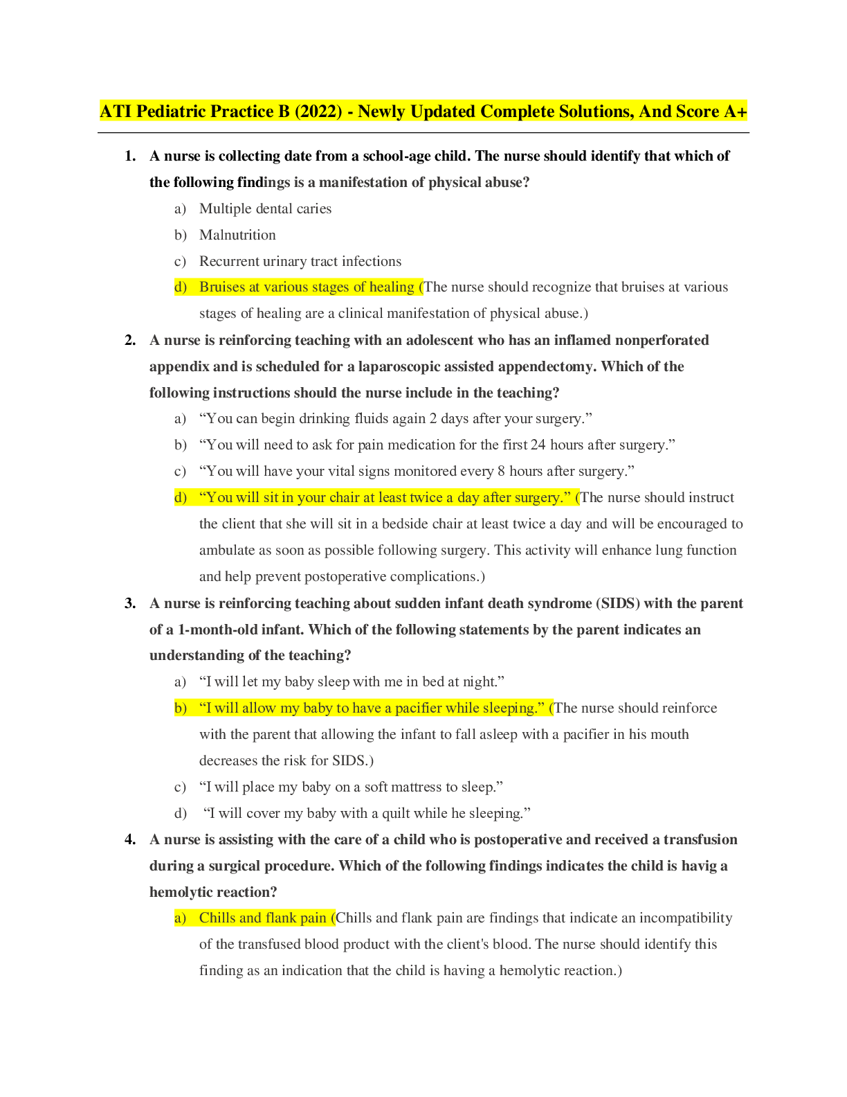 Preview image for ATI Pediatric Practice B (2022) - Newly Updated Complete Solutions, And Score A+